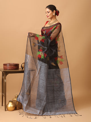 Black Muslin-Grey Matka Silk Combination Saree With Jamdani Weaves