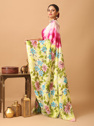 Purple Colour Trendy Chinnon Saree With Hand Painting And Shibori