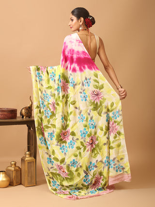 Purple Colour Trendy Chinnon Saree With Hand Painting And Shibori