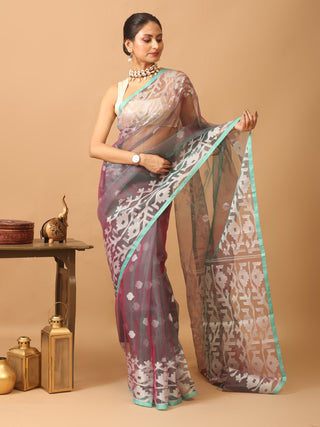 Red-Aqua Blue Dual Tone Bengal Muslin Saree