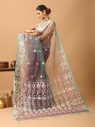 Red-Aqua Blue Dual Tone Bengal Muslin Saree