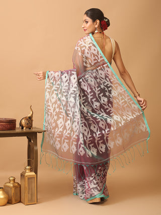Red-Aqua Blue Dual Tone Bengal Muslin Saree