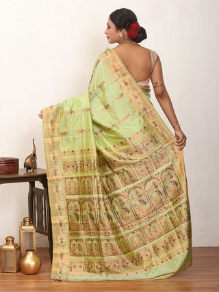 Green-Yellow Dual Tone Swarnachari With Golden Zari And Resham Mina Work