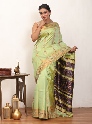 Green-Yellow Dual Tone Swarnachari With Golden Zari And Resham Mina Work