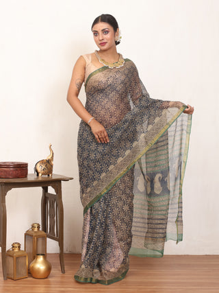 Beige & Navy Blue Cotton Kota Doria Bagru Print Saree with Zari Border