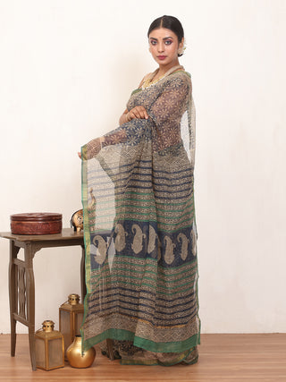 Beige & Navy Blue Cotton Kota Doria Bagru Print Saree with Zari Border