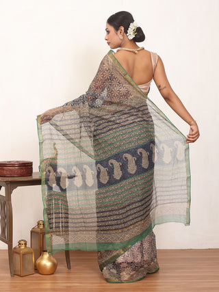 Beige & Navy Blue Cotton Kota Doria Bagru Print Saree with Zari Border