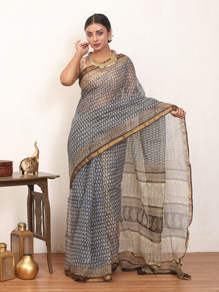 Beige & Navy Blue Cotton Kota Doria Bagru Print Saree with Zari Border