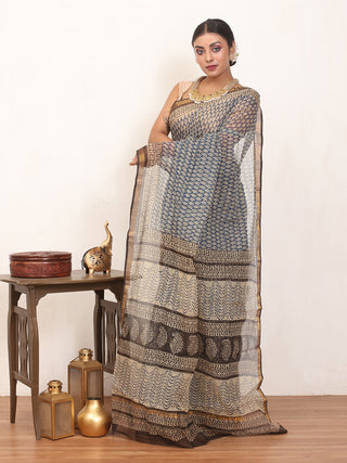Beige & Navy Blue Cotton Kota Doria Bagru Print Saree with Zari Border