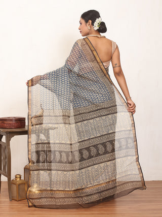 Beige & Navy Blue Cotton Kota Doria Bagru Print Saree with Zari Border