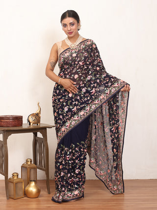 Navy Blue Machine-Embroidered Georgette Saree With Multicolour Parsi Embroidery