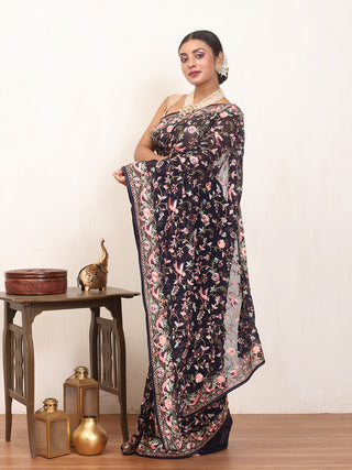 Navy Blue Machine-Embroidered Georgette Saree With Multicolour Parsi Embroidery