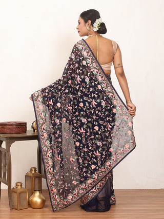 Navy Blue Machine-Embroidered Georgette Saree With Multicolour Parsi Embroidery