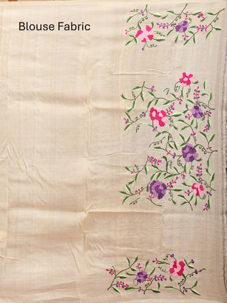 Beige And Purple Half and Half (Pure Tussar Silk & Net) Designer Saree with Machine Embroidery