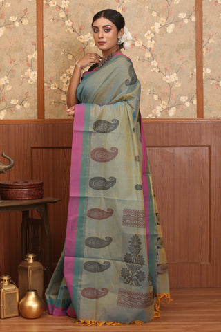 Blue-Yellow Dual Tone Chettinad Pure Cotton Saree