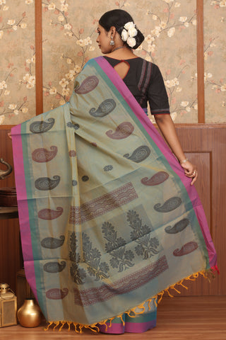 Blue-Yellow Dual Tone Chettinad Pure Cotton Saree