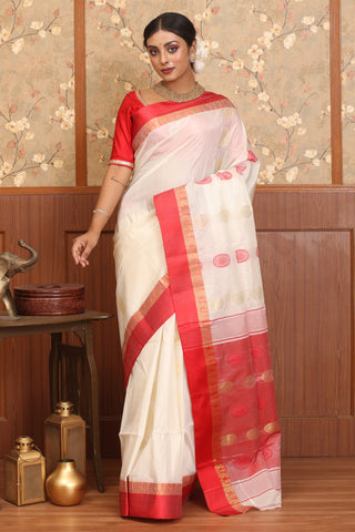 White And Red Silk Tangail Saree with Red Koriyal Border