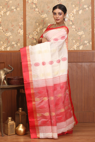 White And Red Silk Tangail Saree with Red Koriyal Border