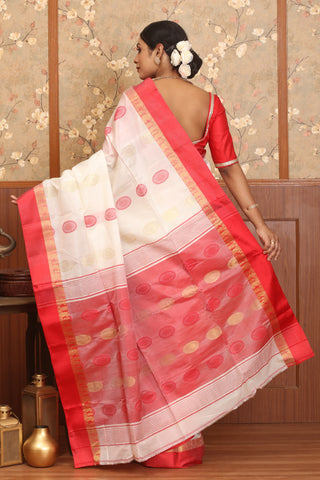 White And Red Silk Tangail Saree with Red Koriyal Border