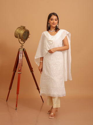 White Pure Voile Cotton Chikankari Embroidered Dress Material