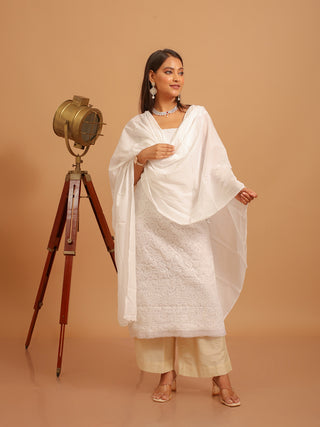 White Pure Voile Cotton Chikankari Embroidered Dress Material