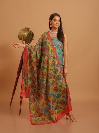 Teal-Yellow Cotton Silk Kurta with Hand Aari Embroidery, Bangalore Silk Printed Dupatta & Mustard Cotton-Silk Bottom
