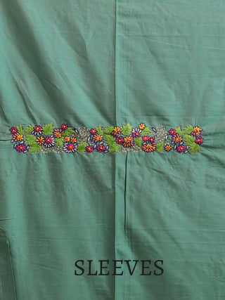Teal-Yellow Cotton Silk Kurta with Hand Aari Embroidery, Bangalore Silk Printed Dupatta & Mustard Cotton-Silk Bottom