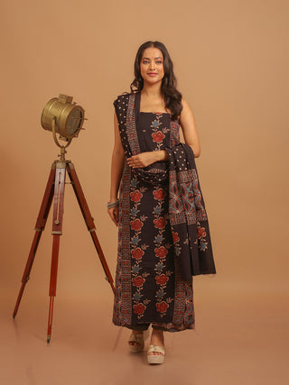 Black Three Piece Pure Cambric Cotton Ajrakh Dress Material Featuring A Panel Design
