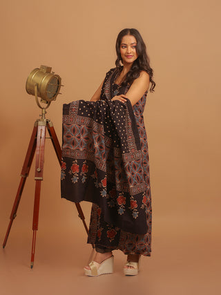 Black Three Piece Pure Cambric Cotton Ajrakh Dress Material Featuring A Panel Design