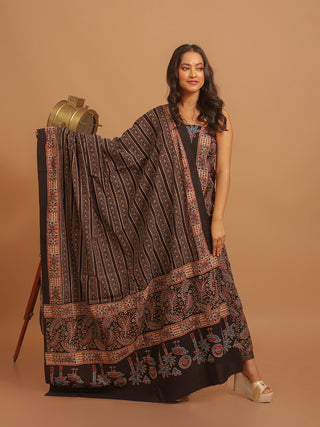 Black Three Piece Pure Cambric Cotton Ajrakh Dress Material Featuring A Panel Design