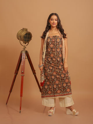 Black & Beige Three-Piece Jaipur Cotton Dress Material With Bagru Print