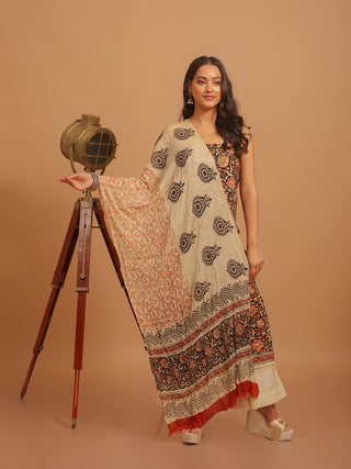 Black & Beige Three-Piece Jaipur Cotton Dress Material With Bagru Print