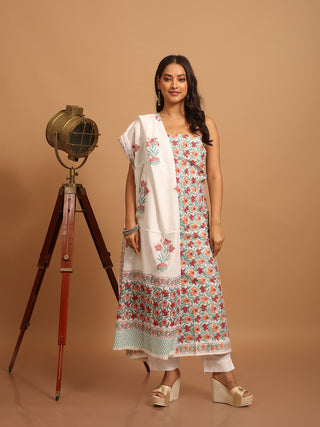 White and Coral Floral Sanganeri Cotton Dress Material with Mul Cotton Dupatta