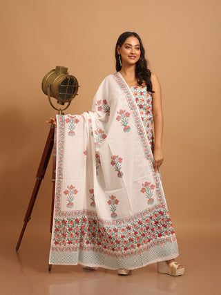 White and Coral Floral Sanganeri Cotton Dress Material with Mul Cotton Dupatta