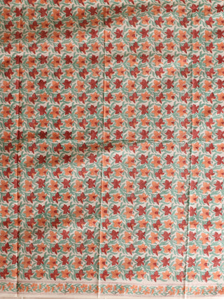 White and Coral Floral Sanganeri Cotton Dress Material with Mul Cotton Dupatta