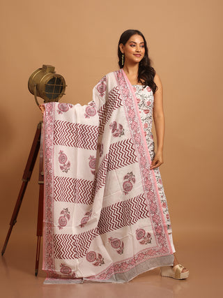 White and Peach Floral Sanganeri Cotton Dress Material with Mul Cotton Dupatta