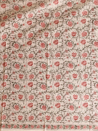 White and Peach Floral Sanganeri Cotton Dress Material with Mul Cotton Dupatta