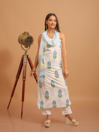 White and Sky Blue Sanganeri Cotton Dress Material with Chiffon Dupatta