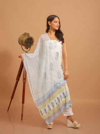 White and Sky Blue Sanganeri Cotton Dress Material with Chiffon Dupatta