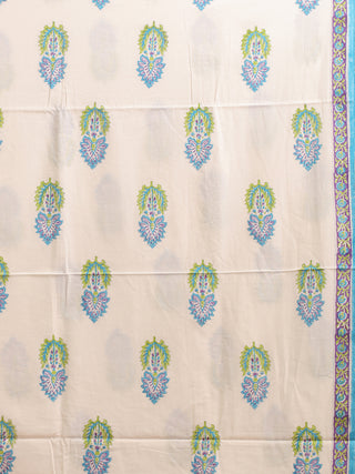 White and Sky Blue Sanganeri Cotton Dress Material with Chiffon Dupatta