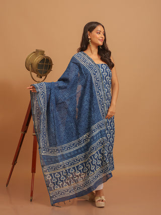 Indigo Blue Printed Chanderi Silk Dress Material with Dabu Print