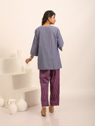 Denim Blue Hand-Embroidered Pure Andhra Cotton Top