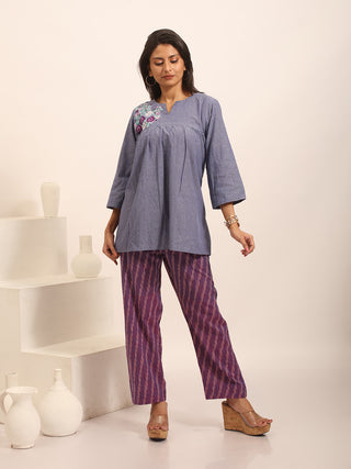 Denim Blue Hand-Embroidered Pure Andhra Cotton Top