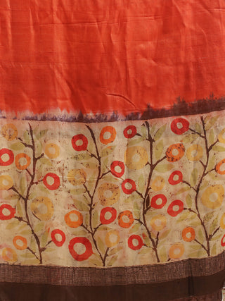 Rust and Beige Pure Silk Dupatta with Multicolour Floral Batik