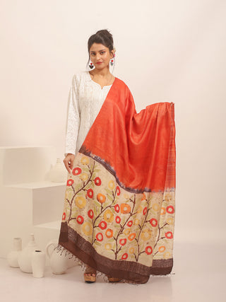 Rust and Beige Pure Silk Dupatta with Multicolour Floral Batik