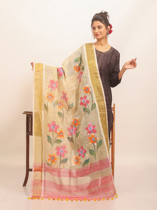 Beige Linen Dupatta with Bright Pink-Orange Florals