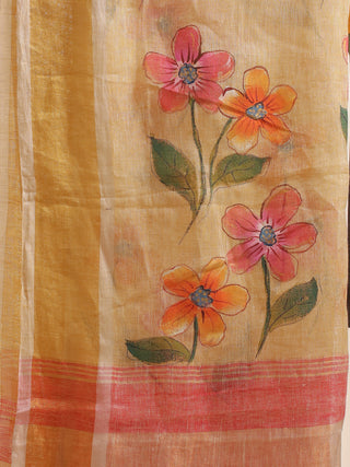 Beige Linen Dupatta with Bright Pink-Orange Florals