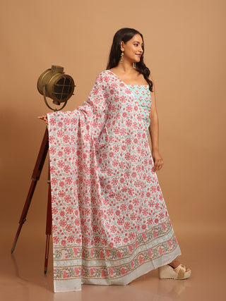 Aqua Blue and Peach-Red Floral Sanganeri Cotton Dress Material with Mul Cotton Dupatta