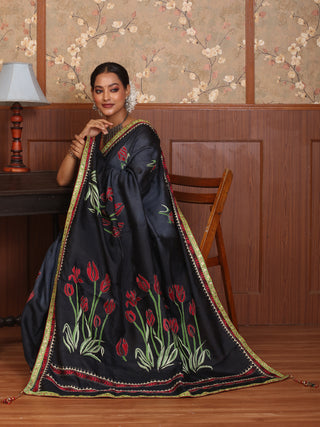 Charcoal Black Pure Tussar Silk Designer Saree with Hand Kantha Embroidery